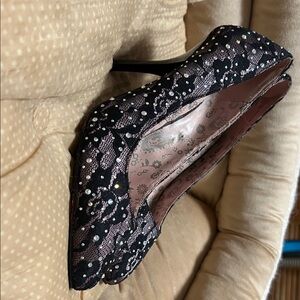 Betsey Johnson Black Lace Heels with Rhinestones